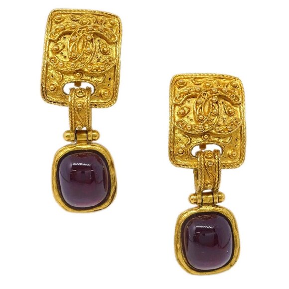 Chanel Gripoix Dangle Earrings Clip-On Gold 94A 144560 - Picture 1 of 4